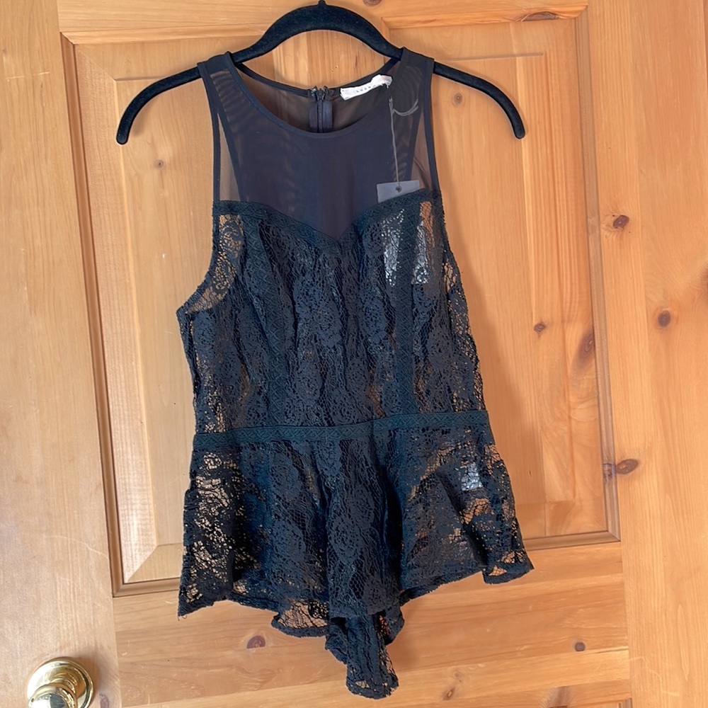 Lush Black Cotton Lace Mesh High Neck Peplum Top, size M